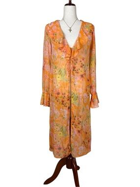 Wild Fable Sheer Floral Duster Cardigan Fairycore Ruffle Tie Front Coverup XS